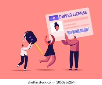 Driver License Concept. Male Female Characters Studying in School Learning to Drive Car, Passing Exams and Get Permission for Auto Owning, Tiny People with Huge Id and Key. Cartoon Vector Illustration