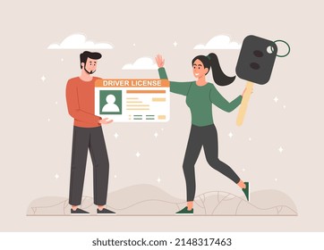 Driver license concept. Man gives documents to girl with key in his hands. Car and vehicle, woman successfully passed replacement or testing. Paid courses metaphor. Cartoon flat vector illustration