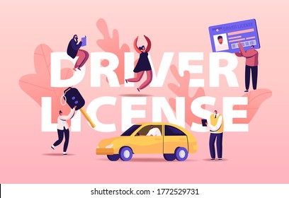Driver License Concept. People Studying in School Learning to Drive Car. Male and Female Characters Passing Exams and Get Permission for Auto Owning Poster Banner Flyer. Cartoon Vector Illustration