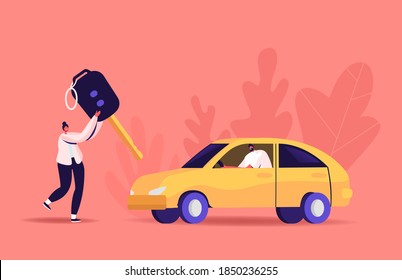 Driver License Concept. Tiny Woman Carry Huge Key, Man Sit in Automobile. Characters Studying in School Learning Drive Car, Passing Exam and Get Permission for Auto Owning. Cartoon Vector Illustration