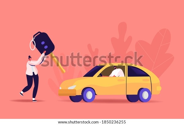 Driver License Concept. Tiny Woman Carry\
Huge Key, Man Sit in Automobile. Characters Studying in School\
Learning Drive Car, Passing Exam and Get Permission for Auto\
Owning. Cartoon Vector\
Illustration