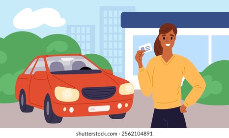 Driver license getting. Girl holds auto school diploma. Ability to drive car. Happy woman successfully passed exam. Automobile traffic examination. Education course