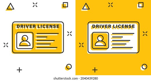 Driver license icon in comic style. Id card cartoon vector illustration on white isolated background. Identity splash effect business concept.