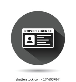Driver license icon in flat style. Id card vector illustration on black round background with long shadow effect. Identity circle button business concept.