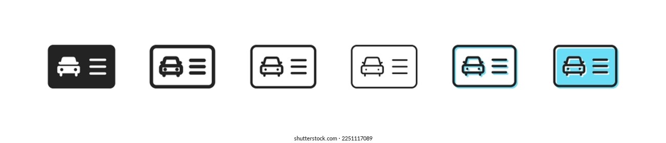 Driver license icon set. Driver id card, MIA. Driver s personal document. Traffic rules concept. Six vector line icon in different styles