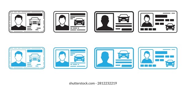 Driver license icon set. Personal identification cards with car symbols and user portraits.