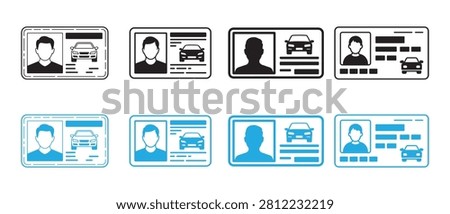 Driver license icon set. Personal identification cards with car symbols and user portraits.