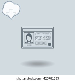 Driver license icon with shadow. Cloud of download with arrow.