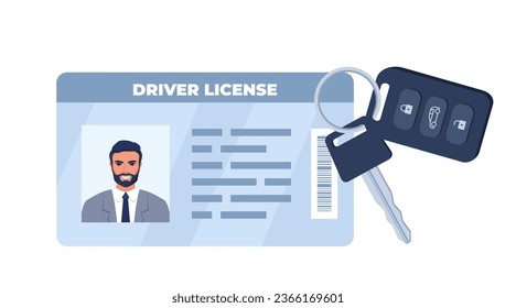 Driver License ID card and Car key with Charm of the alarm system. Personal info data. Identification document with person photo. Driver's license. Vector illustration