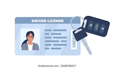 Tarjeta de identificación de la licencia de conducir y clave de coche con el encanto del sistema de alarma. Datos de información personal. Documento de identificación con foto de persona. Licencia de conducir. Ilustración del vector