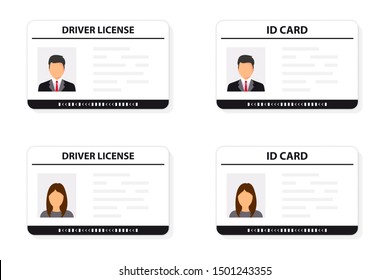 Licencia de controlador. Tarjeta de identificación.Icono de tarjeta de identificación. Plantilla de la tarjeta de identificación y la licencia de conducir para hombre y mujer. Licencia de conductor de icono. Licencia de controlador, verificación de identidad, datos de persona. 