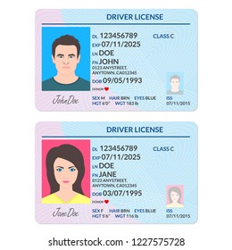 Driver license or ID card with man and woman photo. Identification  document template. Vector illustration.