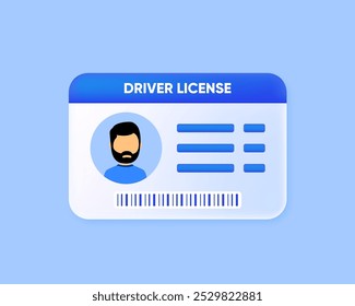 Driver License ID card with photo avatar. Identification or ID card template. Plastic card. 3D design. Cartoon style. Vector illustration.