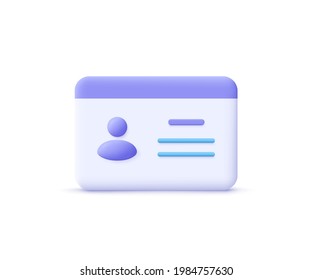 Driver license, id card, plastic card, badge icon. 3d vector illustration.