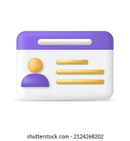 Driver license, id card, plastic card icon. 3d rendering isolated on white background