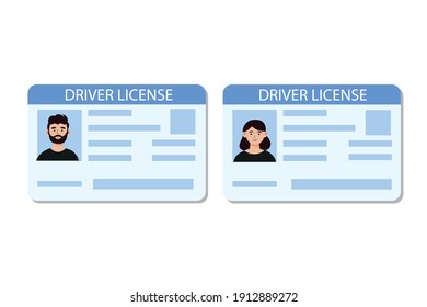 Licencia de conducir, tarjeta de identidad, tarjeta de identificación con fotos de hombres y mujeres. Ilustración vectorial dibujada a mano en estilo plano
