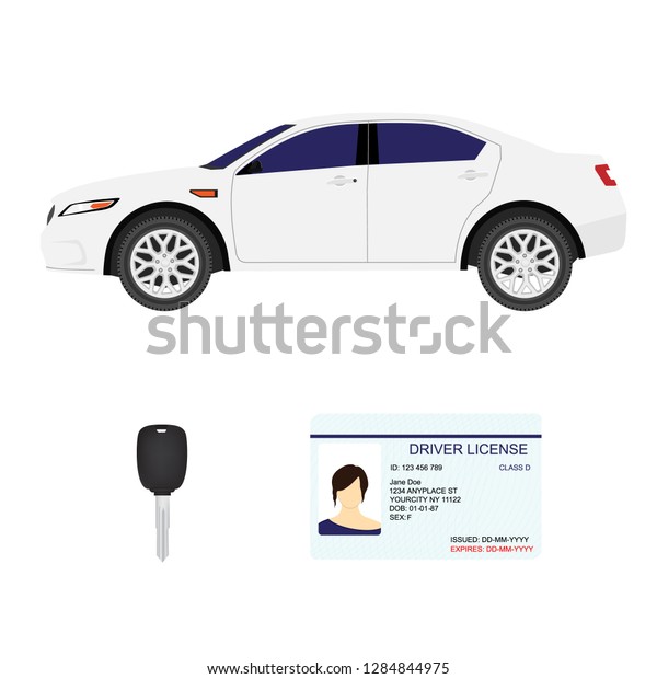 Driver license, key and white sport
car. New drivers license concept. Vector
illustration.