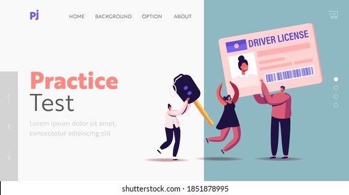 Driver License Landing Page Template. Characters Study in School Learning to Drive Car, Passing Exams and Get Permission for Auto Owning, Tiny People with Huge Id and Key. Cartoon Vector Illustration