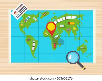 Driver license magnifier and global map with different transports on it top view poster flat vector illustration