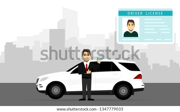 Driver\
license. A man with a driver license near the\
car.