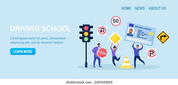 Driver License. People Studying in School Learning Traffic Rules, Passing Exams, Get Permission for Auto Owning. Characters with ID Card, International Permit, Traffic Signs. Driving School.