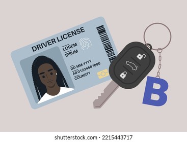 A Driver License Plastic Card With A Photo, A Car Starter Key With A Keychain