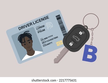 A Driver License Plastic Card With A Photo, A Car Starter Key With A Keychain