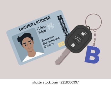 A Driver License Plastic Card With A Photo, A Car Starter Key With A Keychain