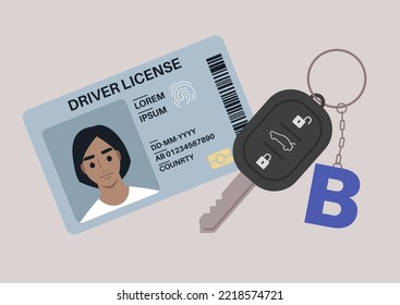 A Driver License Plastic Card With A Photo, A Car Starter Key With A Keychain