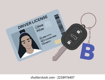 A Driver License Plastic Card With A Photo, A Car Starter Key With A Keychain