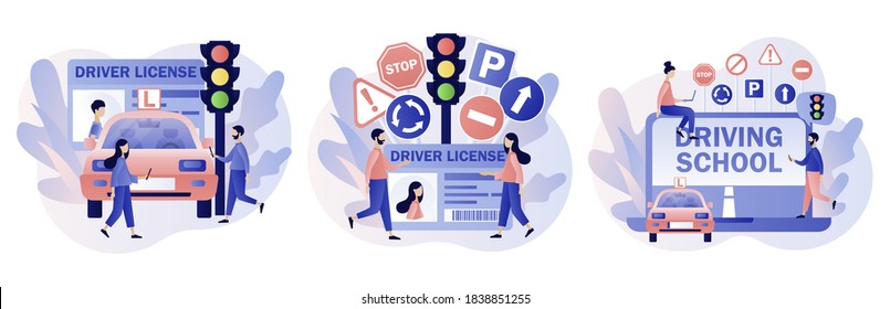 Driver license. Tiny people studying in driving school and passing exams. Traffic rules. Road signs. Education and drive lesson. Modern flat cartoon style. Vector illustration on white background