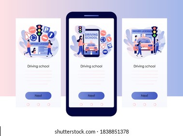 Driver license. Tiny people studying in driving school and passing exams. Traffic rules. Road signs. Education and drive lesson. Modern flat cartoon style. Vector illustration on white background