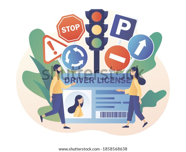 Driver license. Tiny people studying in\
driving school and passing exams. Traffic rules. Road signs.\
Education and drive lesson. Modern flat cartoon style. Vector\
illustration on white\
background