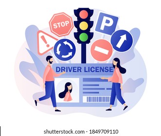 Driver license. Traffic rules. Road signs. Education and drive lesson. Tiny people studying in driving school and passing exams. Modern flat cartoon style. Vector illustration on white background