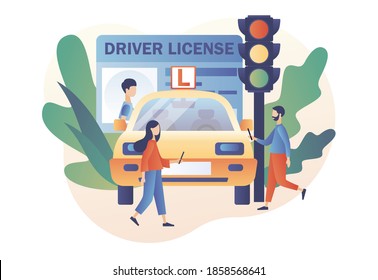 Driver license. Traffic rules. Road signs. Education and drive lesson. Tiny people studying in driving school and passing exams. Modern flat cartoon style. Vector illustration on white background