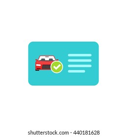 Driver license vector icon isolated on white, blue flat card with car and green checkmark illustration