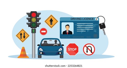 Driver license.Driving School Banner with car and traffic sign.Traffic rules. Road signs. Education and drive lesson. Vector illustration on white background