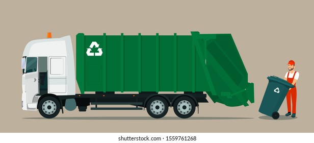 The Driver Loads A Garbage Container Into The Garbage Truck. Vector Flat Style Illustration.