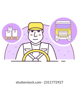 Driver with lorry icon. Delivering services transportation and trucking.Transport industry trucking.Lorry drivers.Courier  package.Delivery man.Isolated white background.Outline vector illustration.