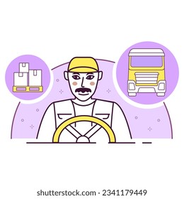 Controlador con icono de camión. Entregar servicios de transporte y transporte por carretera.Transporte por carretera.Conductores de camiones.Paquete Courier.Entrega man.Fondo blanco aislado.Esbozo de ilustración vectorial.