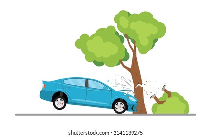 The Driver Lost Control And The Car Crashed Into A Tree. Vector Illustration.