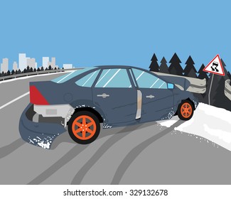 The Driver Lost Control On A Slippery Road And The Car Skidded. Vector Illustration