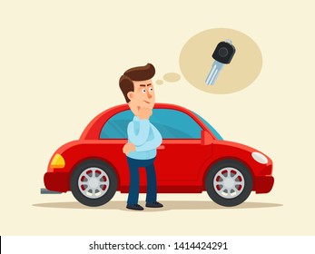 The Driver Lost His Car Keys. Thinking Man, He Doesn't Remember Where Car Keys Left. Locked Car Door. Vector Illustration. Flat, Cartoon Style. Isolated Background.