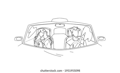 Conductor Del Auto Y Portadora Del Vector De Dibujo De Lápiz De Línea Negra De Chicas. Transporte De Conductores Con Una Joven Mujer Pasajera. Personajes Tipo Y Dama En Transporte, Taxi Carry Client Illustration