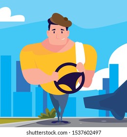 driver man holding a steering wheel vector illustration design