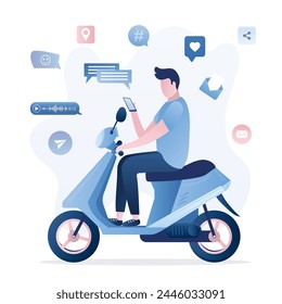 Driver man ride on motorcycle and surfs internet, social media. Male character sits on bike and uses smartphone. Extreme driving. Socializing, entertainment and content viewing. Vector illustration