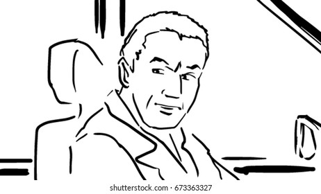 Driver, man at the wheel black and white vector sketch, simple drawing