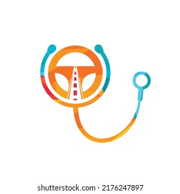 Design-Vorlage für das medizinische Vektorlogo des Fahrers. Lenkung mit Stethoskop Vektorsymbol Logo Design.	