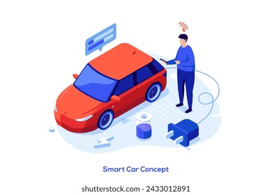 Driver monitoring electric vehicle charging with mobile phone. Smart car concept isometric vector illustration. Automobile with advanced electronics. EV owner cartoon character colour composition