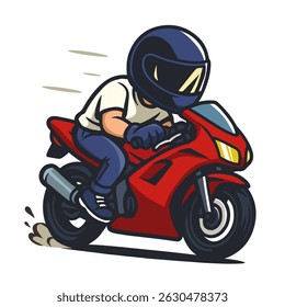 O motorista de uma motocicleta revestido em uma camiseta de couro e cavalgando. Passeio de Biqueiro Amante. Desenho animado de esporte vermelho